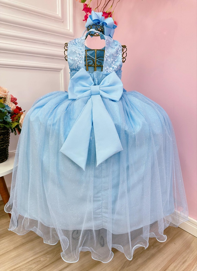 Vestido Infantil Azul Bebê C/ Renda e Apliques Pérolas Damas