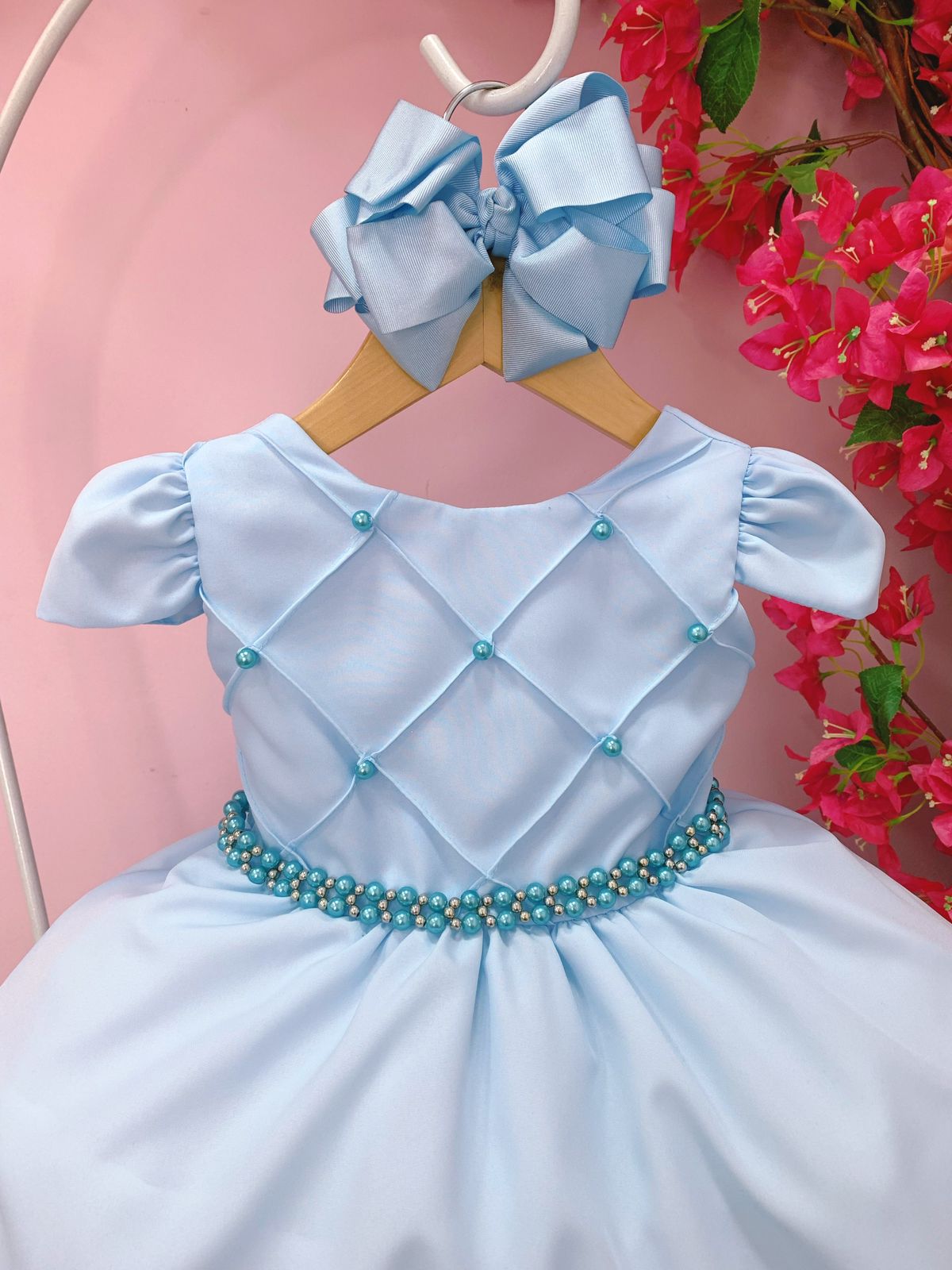 Vestido Infantil Azul Bebê Peito Nervuras Cinto de Pérolas