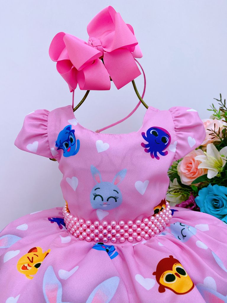 Vestido Infantil Bolofofos Rosa Flores Cinto Pérolas Luxo