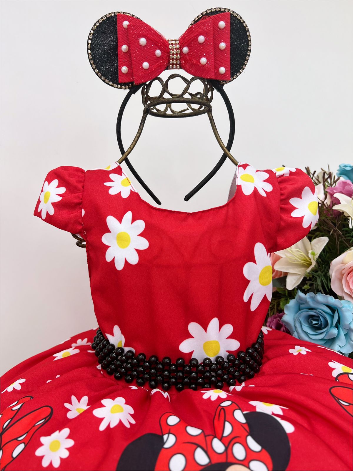 Vestido  Infantil  Minnie Vermelho Flores
