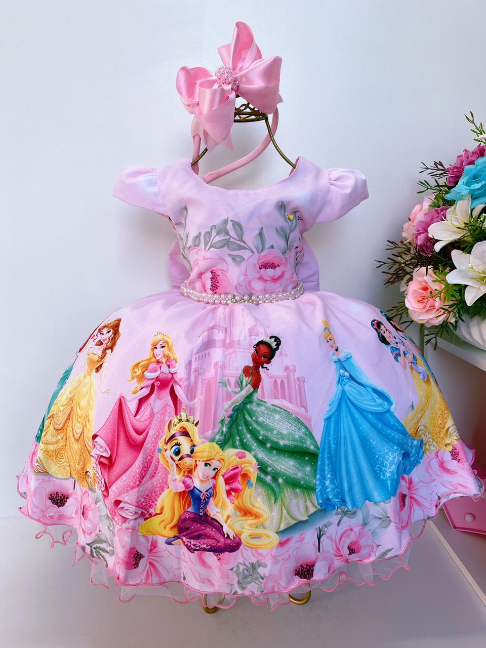 Vestido Infantil Princesas Rosa Cinto Pérolas C/ Máscara