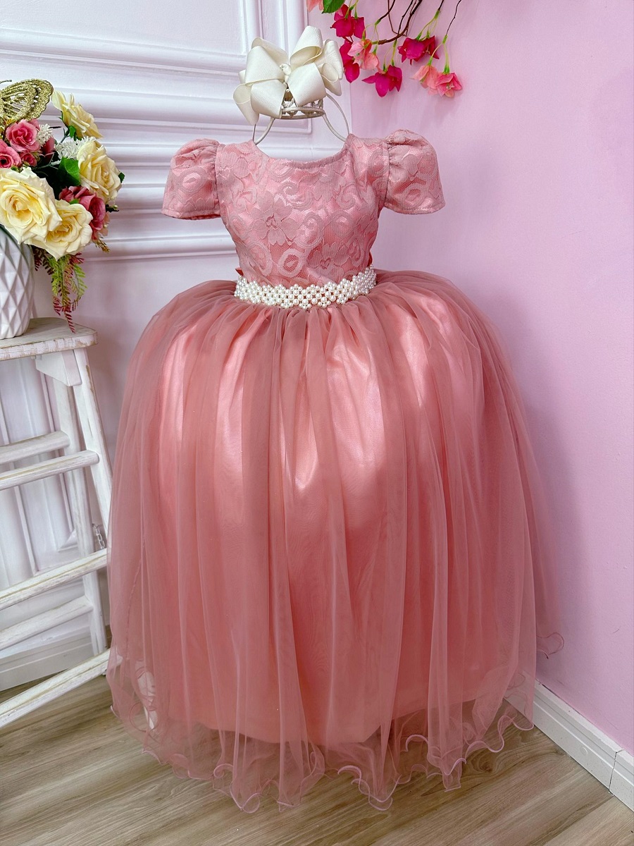 Vestido Infantil Rose Realeza C/ Renda e Pérolas Festa Luxo