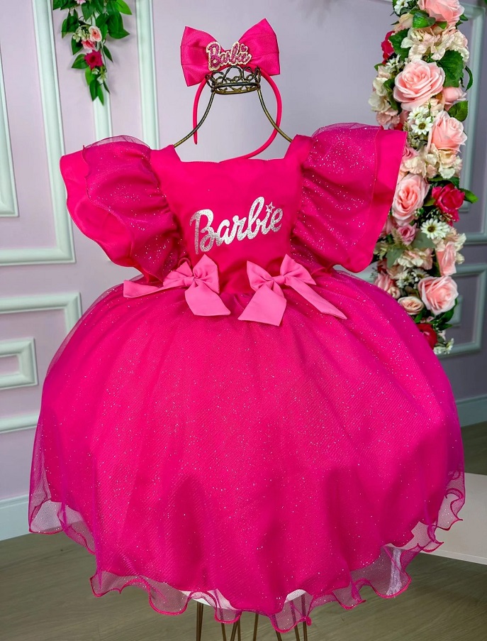 Vestido Princesa  Barbie Temático Pink Babado