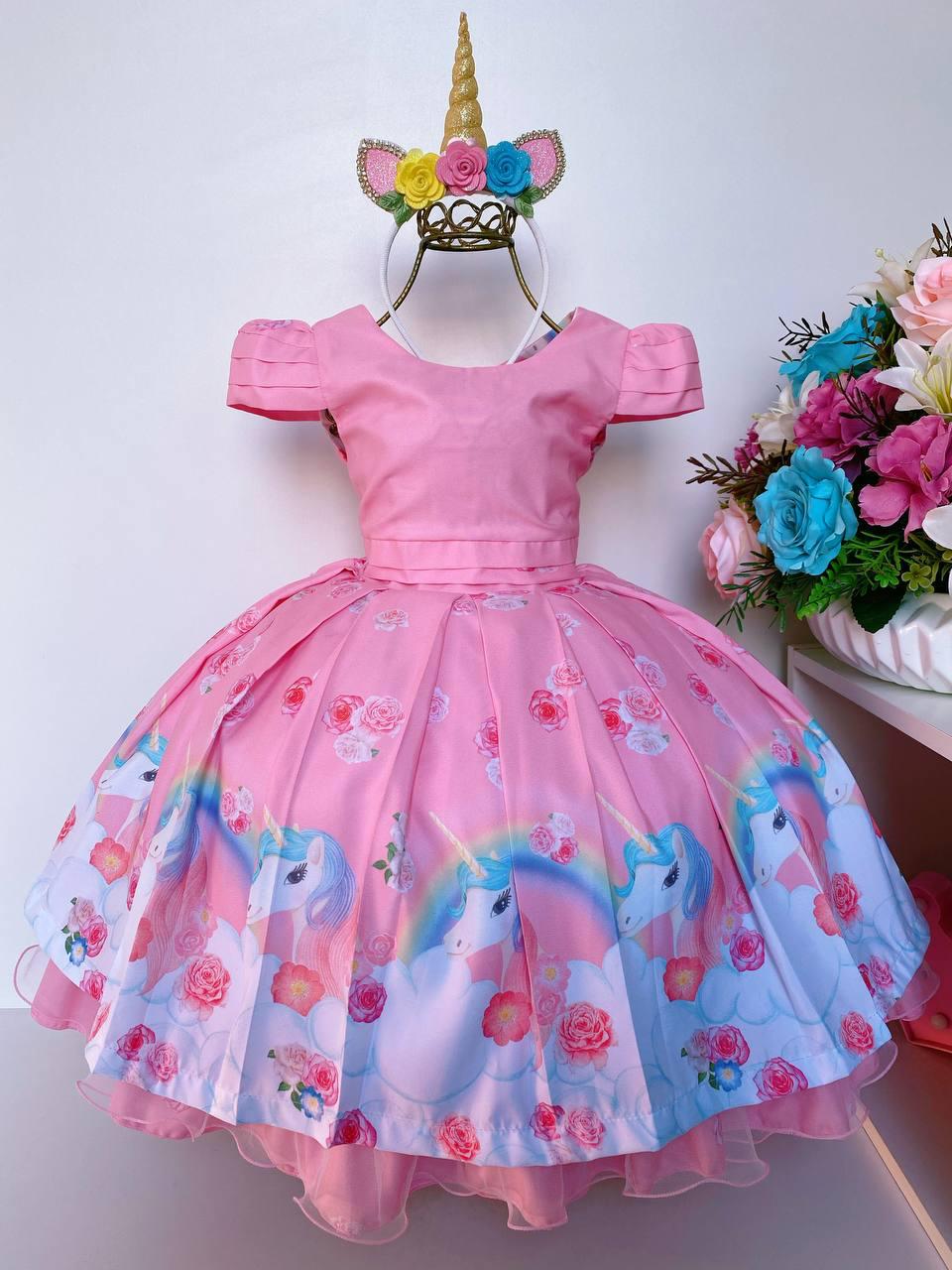 Vestido Temático Infantil Unicórnio Rosa Luxo