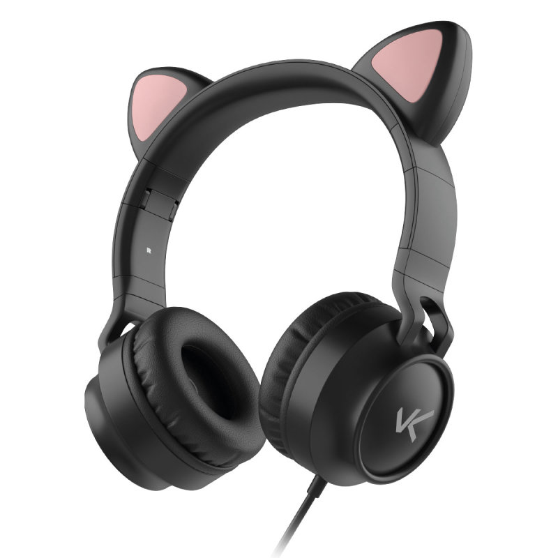 Fone Headset Kitty Ear - Orelha de Gato Preto Com Microfone Cabo 1.2m Plug P2 Estereo P3 - Ke100p