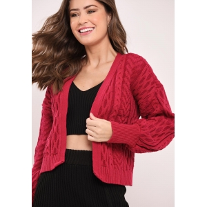 Casaco de tricot feminino de tranças e manga balão - Pink