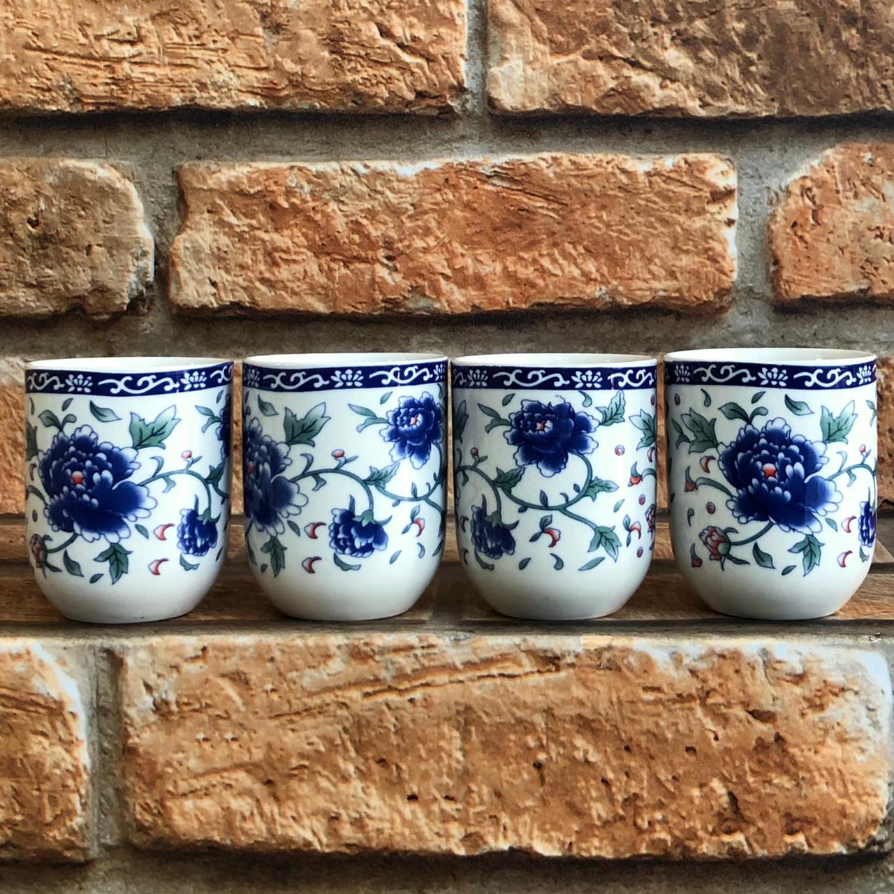 Kit 4 Copos de Chá Oriental em Cerâmica Peônia Azul