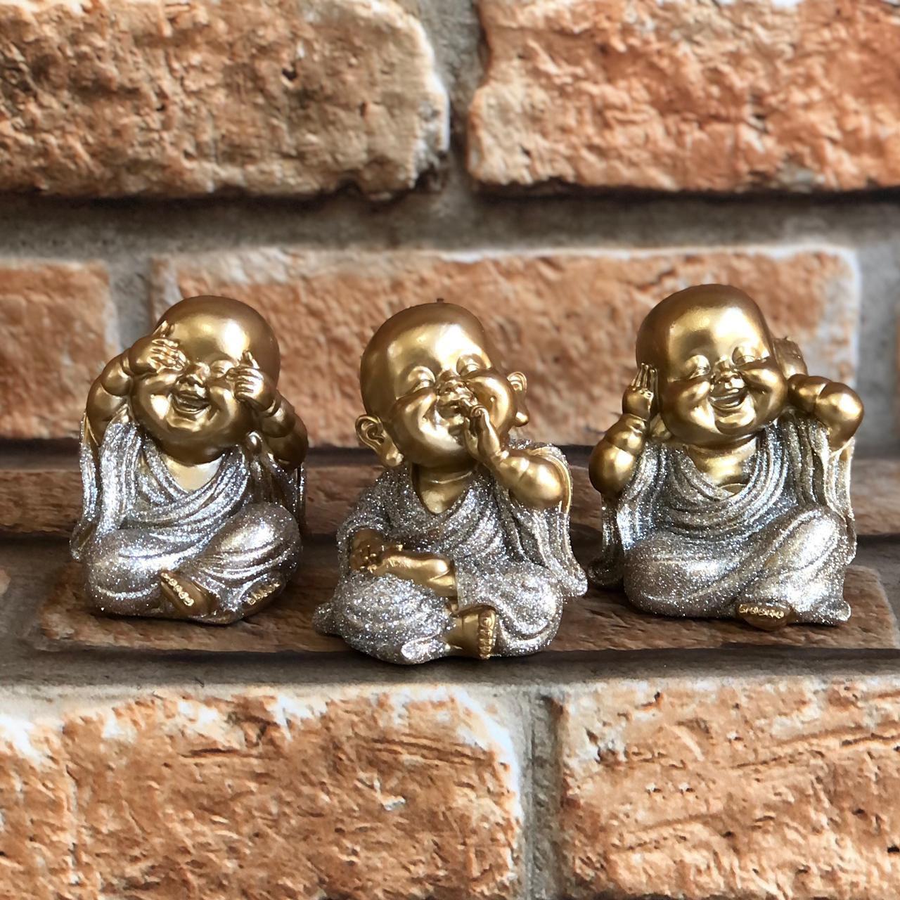 Trio de Budas Sábios Dourado com Glitter