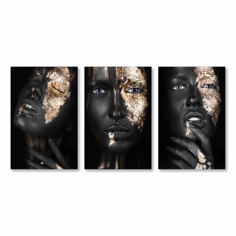 Trio de Placas Decorativas Beleza Mulher Negra Dourada 2