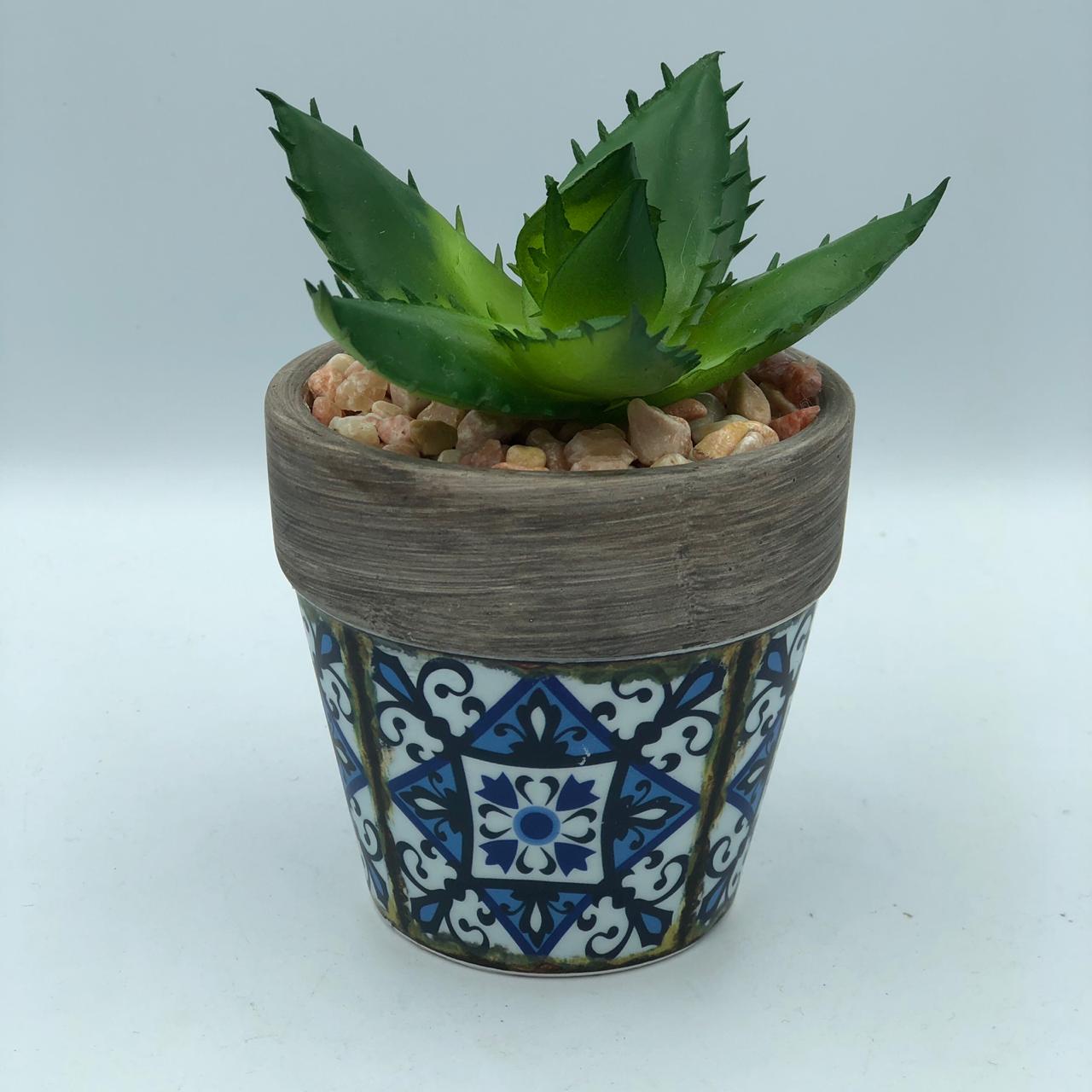 Vaso Decorativo de Porcelana Azulejo e Suculenta Artificial