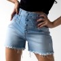 Short Jeans Cintura Alta Feminino Barra Desfiada Botão Anticorpus