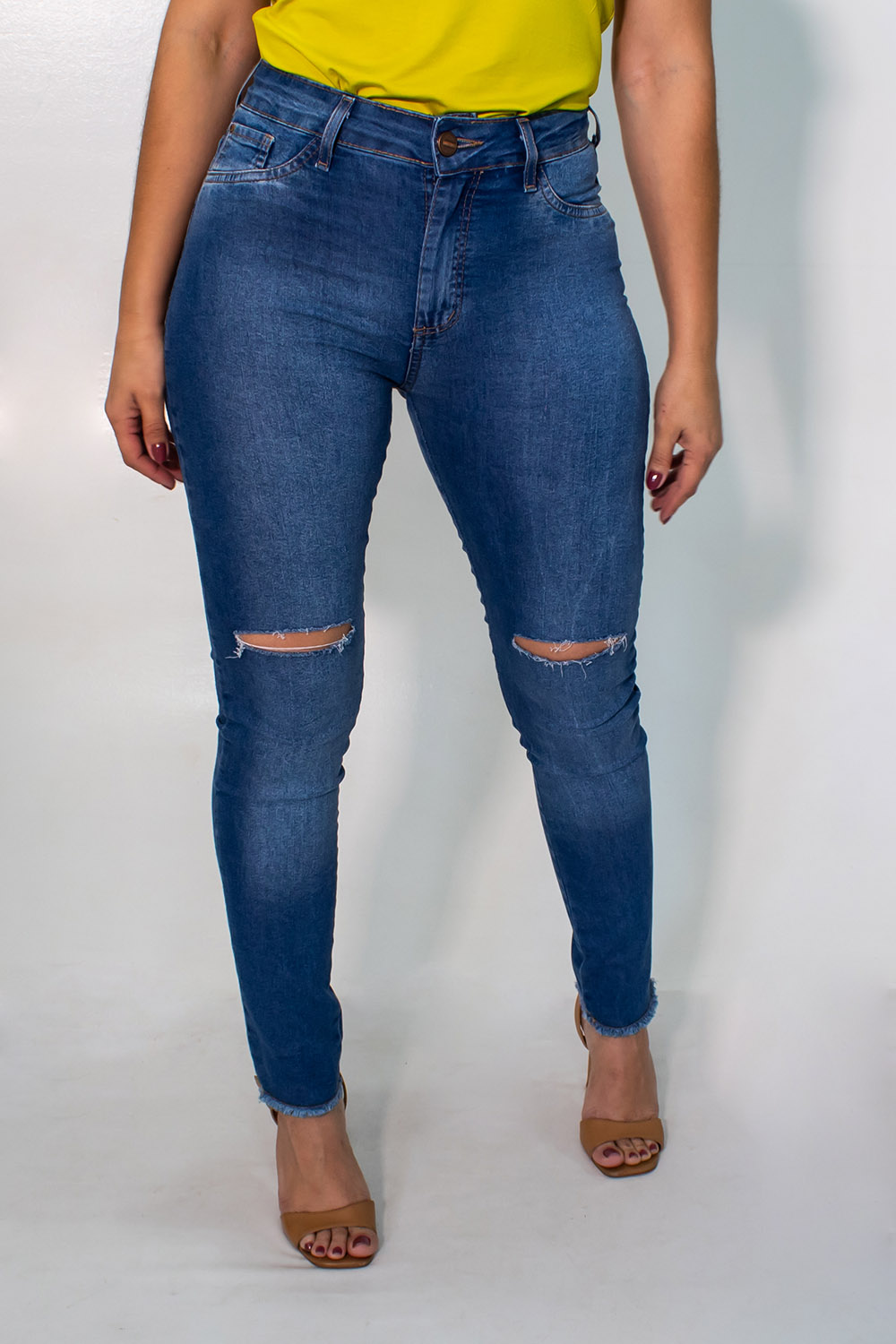 Calça Jeans Skinny Feminina Alta Rasgada Desfiada Anticorpus