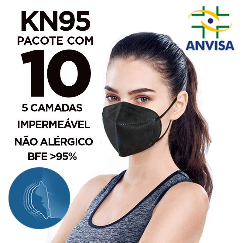 Máscara KN95 / PFF2 / N95 adulto preta - pacote 10 unidades 5 camadas - duplo meltblow BFE 98% + feltro de coton + tnt spunbond hospitalar hipoalergenico