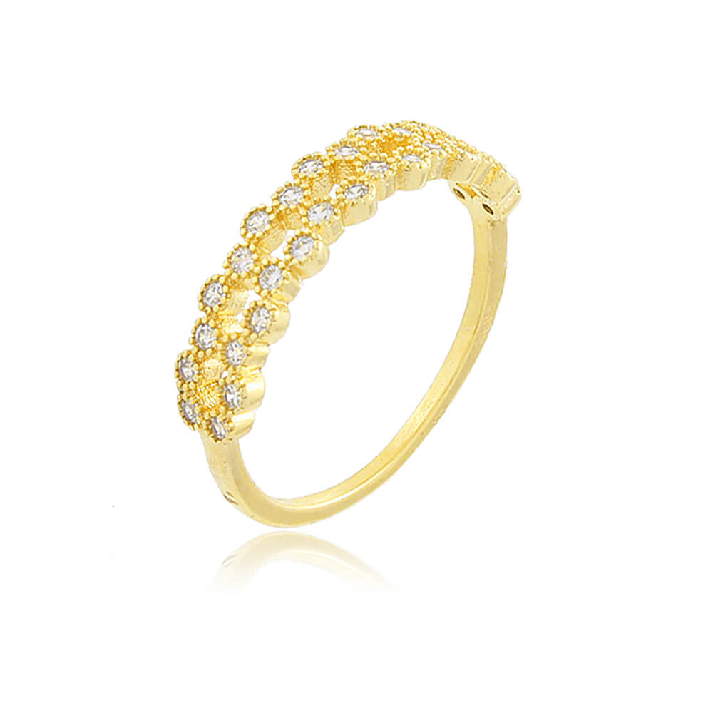 Anel Vivian - anel meia aliança cravejado em duas fileiras com zircônias cristais folheado em ouro 18k