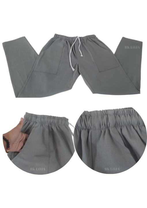 Calça em Terbrim com elásticos e cordão cintura 3 bolsos- Cinza Claro