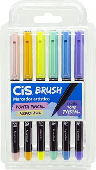 Caneta Brush Pen com Tinta Aquarelável 6 Cores Tons Pastel| CiS
