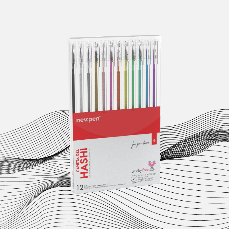 Kit Caneta Hashi Gel 12 Cores Escreve em Papel Preto 0,5mm | New Pen