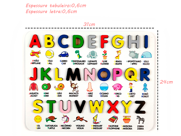 Brinquedo Educativo Pedagógico Alfabeto BILÍNGUE Ilustrado em MDF - Elefante Colorido Brinquedos Educativos