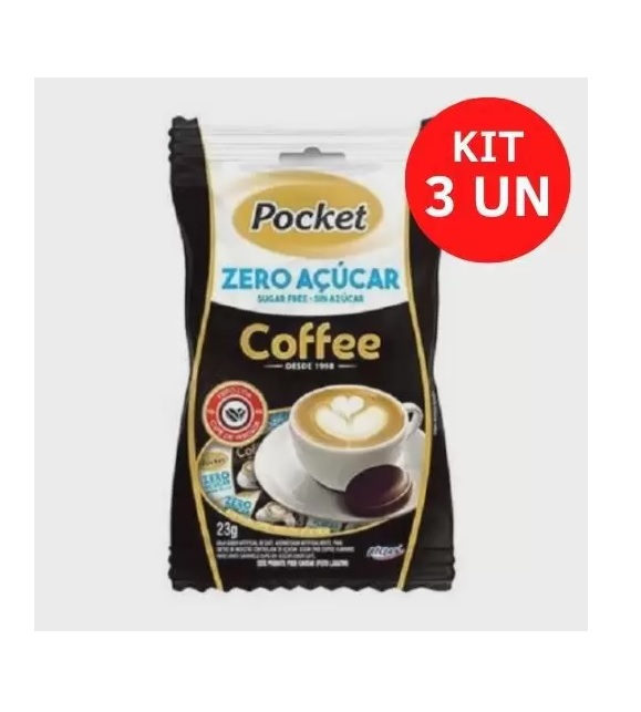 Bala Pocket Coffee Zero Açúcar Café Pacote contendo 3 sachês de 23g cada