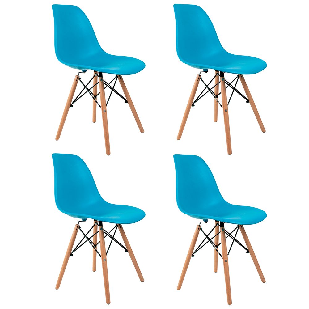 Conjunto com 4 Cadeiras Eames Azul Turquesa - Base Madeira Natural 