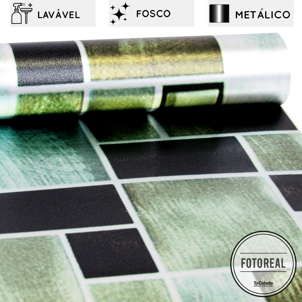 Outlet - Papel de Parede Lavavel para Cozinha Revestimento Fosco Metálico Mosaico Escovado Verde - TaColado