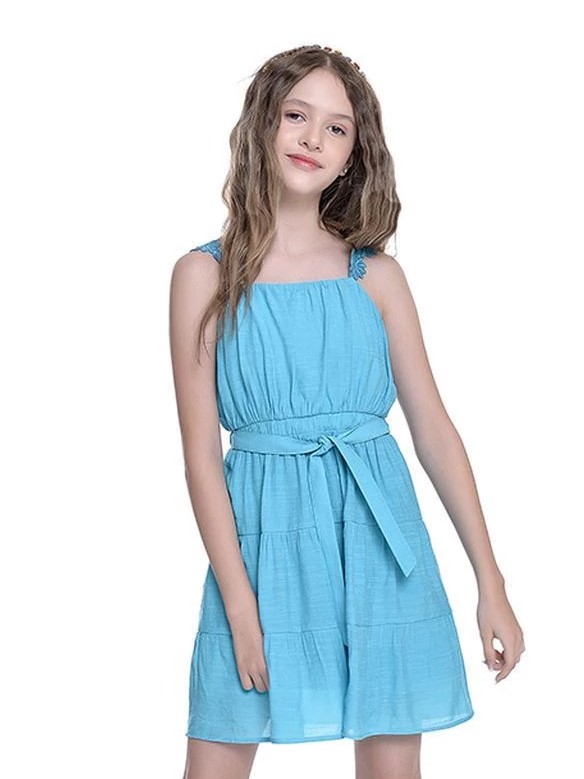 Vestido curto infantil menina com cinto e detalhe de flor - Azul