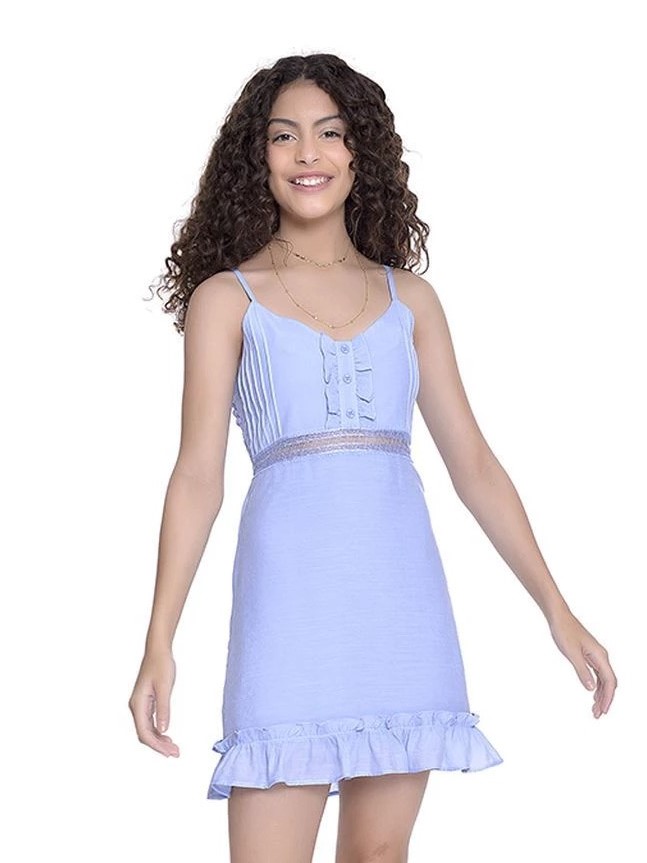Vestido juvenil feminino com renda e drapeado - Azul/Lílas