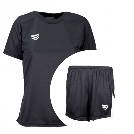 Camiseta Feminina Super Bolla Raiz Preta + Calção Futebol Tornado Preto/Branco