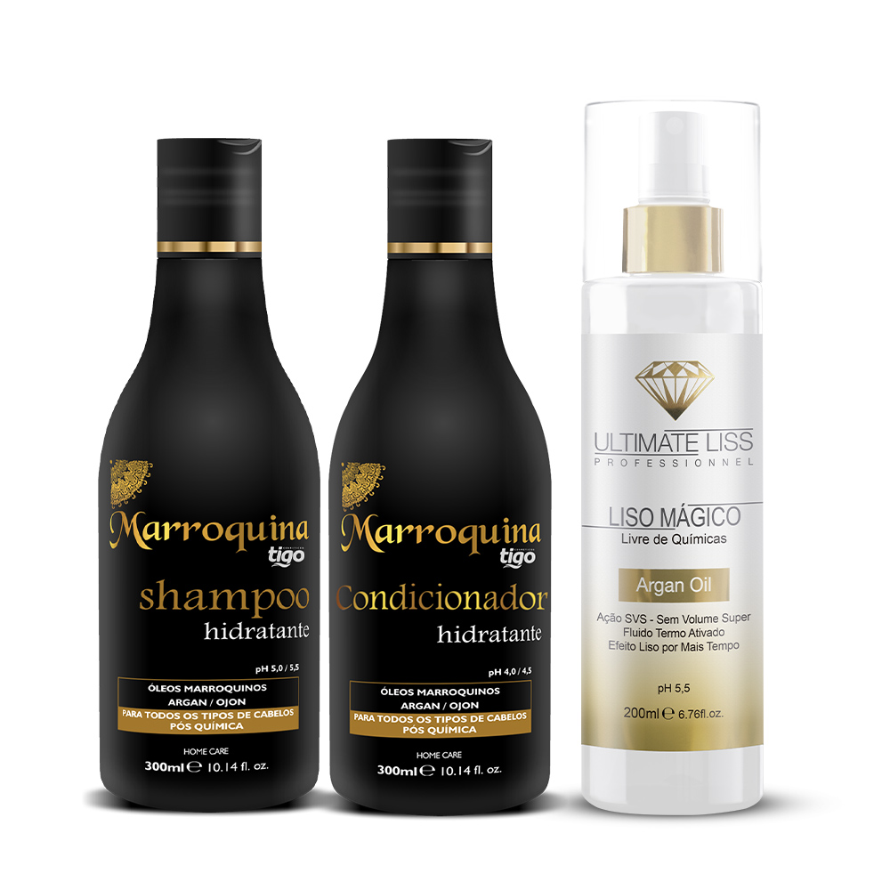 Kit Shampoo + Condicionador Hidratante Marroquina 300ml +  Liso Mágico Argan Oil  200ml - Tigo Cosméticos / Ultimate Liss