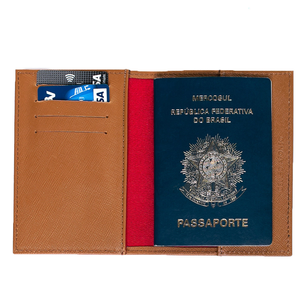 Porta passaporte couro safiano caramelo  - Cellso Afonso