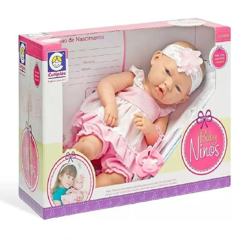 Boneca Baby Ninos Recém Nascida Bebê ReBorn com Acessórios Cotiplás