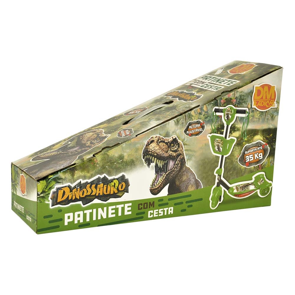 Patinete Dinossauro 3 Rodas Com Som Luz e Cestinha DM Toys Menino