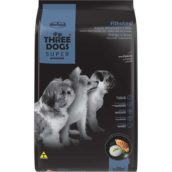 Ração Seca Three Dogs Super Premium Frango e Arroz para Cães Filhotes Raças Pequenas e Mini