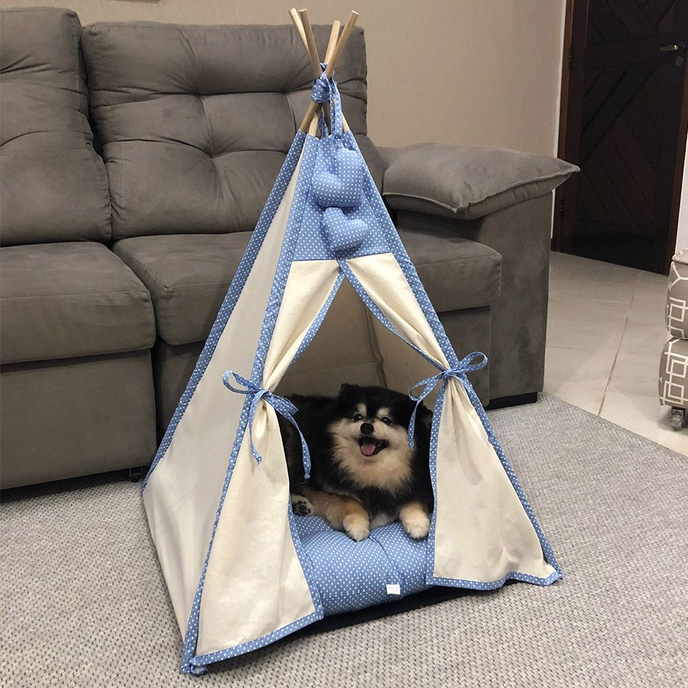 Cabana para Pet Camping - Algodão Cru e Azul Poá - Amour Pet