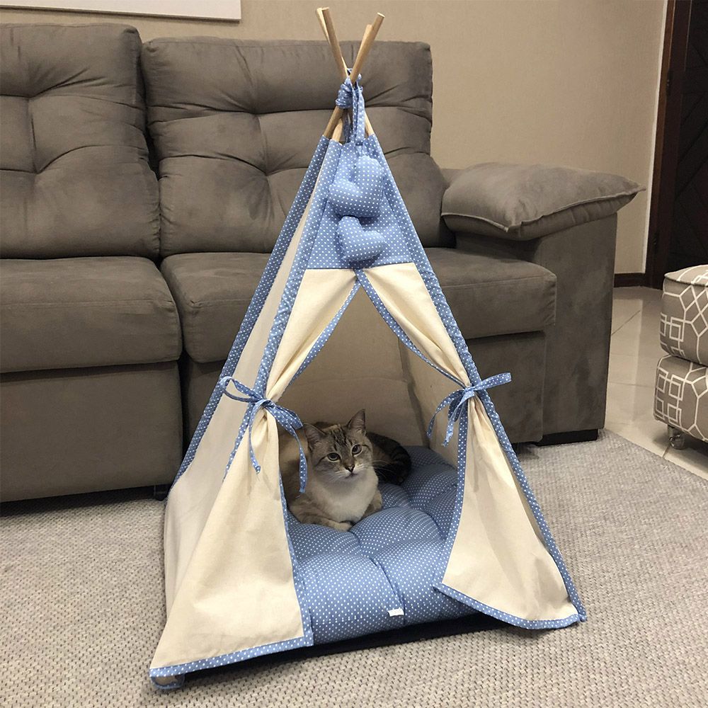 Cabana para Pet Camping - Algodão Cru e Azul Poá - Amour Pet