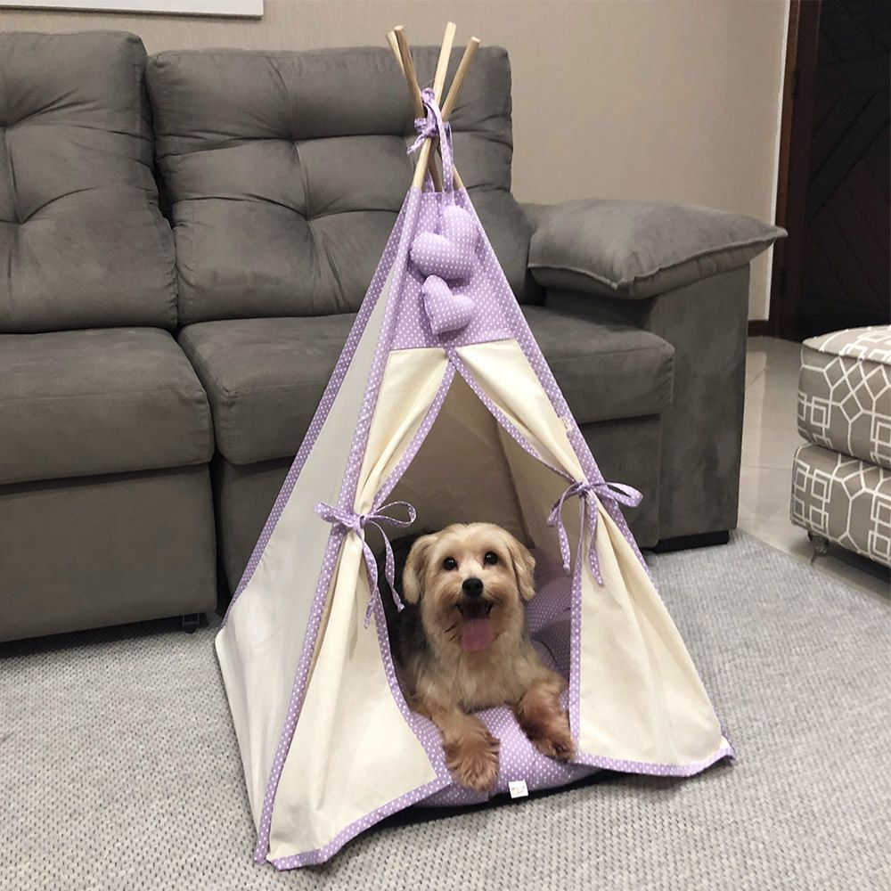 Cabana para Pet Camping - Algodão Cru e Lilás Poá - Amour Pet