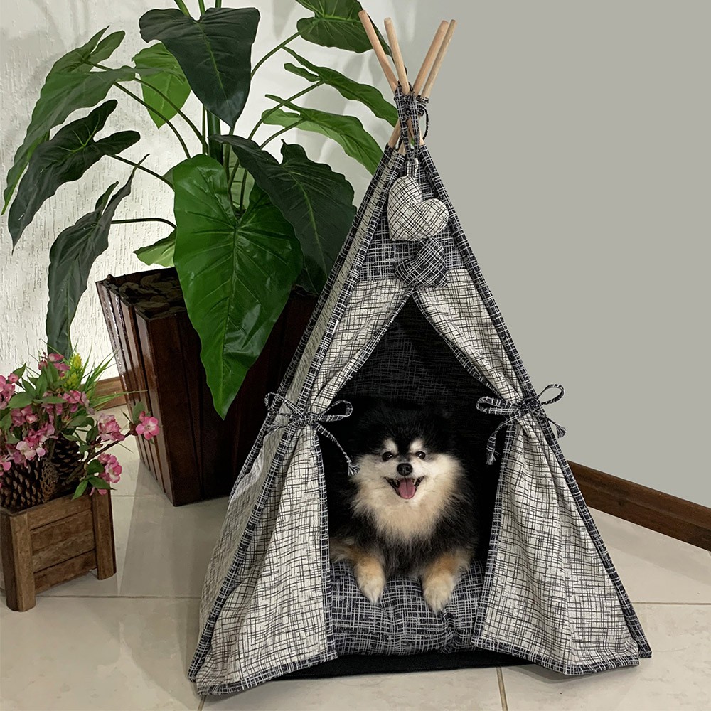 Cabana para Pet Camping - Jacquard Riscado Cinza e Preta - Amour Pet