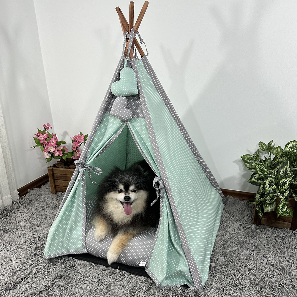 Cabana para Pet Camping - Verde e Cinza Poá - Amour Pet