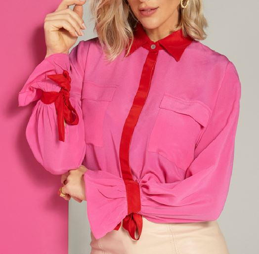 Camisa Feminina De Seda Com Babado - Pink Com Vermelho - Foto 1