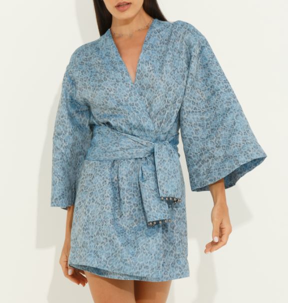 Kimono Feminino Linho Onça - Azul - Foto 2