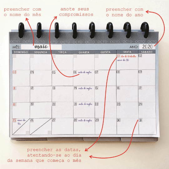 Refil Calendário Mensal para Caderno de Disco Azul  - Octo