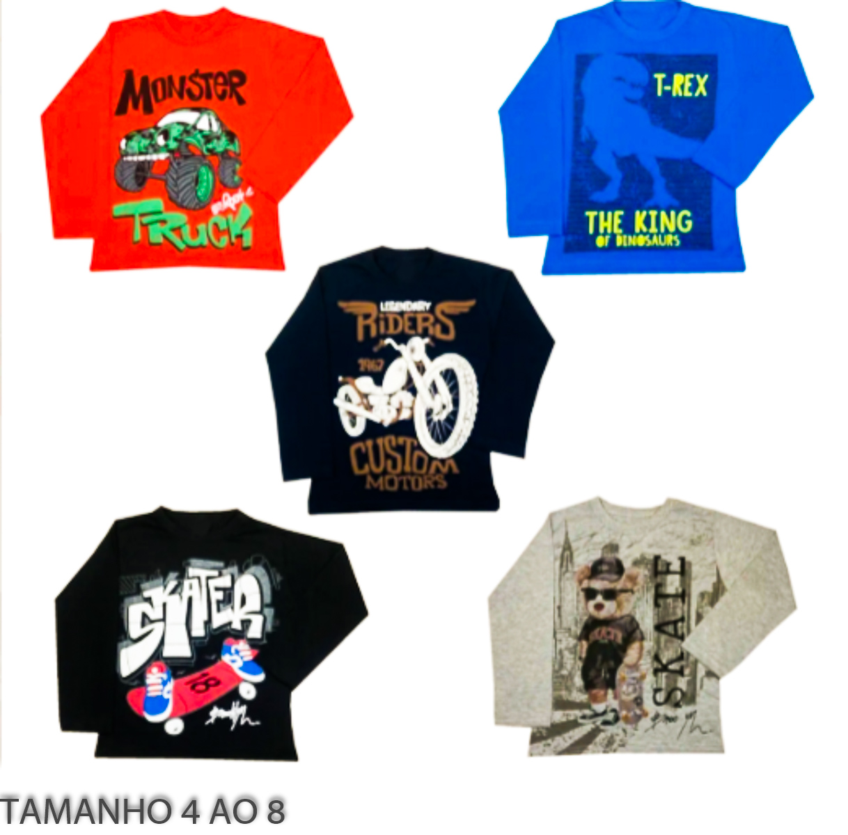 Kit 5 Camiseta Masculina Infantil Manga Longa Menino 1 Ao 8