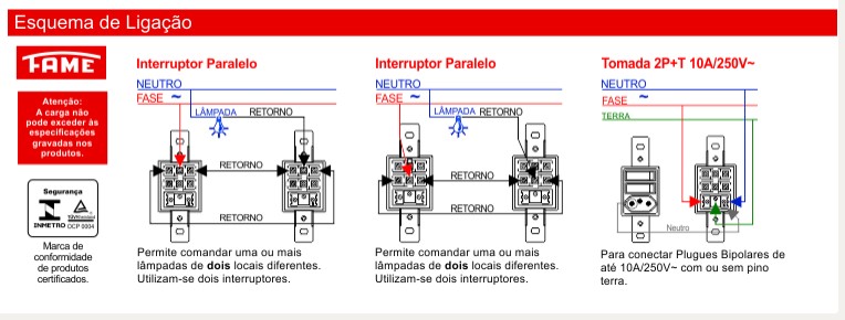 Conjunto 2 Interruptores Paralelos e 1 Tomada 2P+T 10A/250V