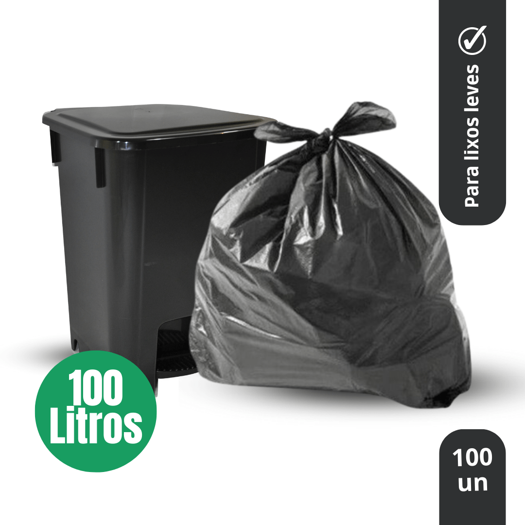 Saco Lixo 100 litros Preto - 100 unidades - 80x80cm - 3 Micras