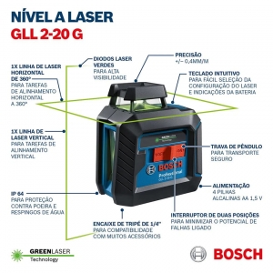 Nivel a Laser Verde 360° GLL 2-20G Bosch Com Tripé