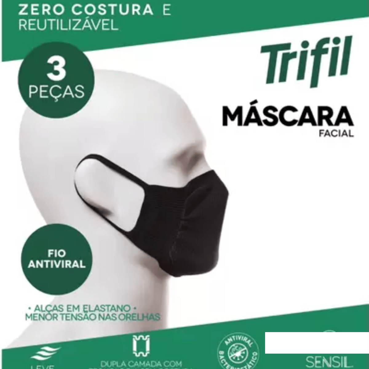 Kit 3 Máscaras Protetoras Trifil Dupla Camada Lavável Antimicrobial