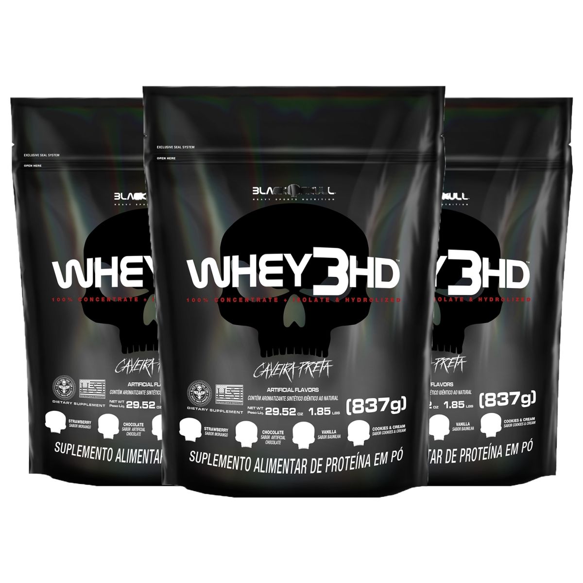 Combo 3 Pacotes Whey Protein 3HD + Creatina 300g - Black Skull