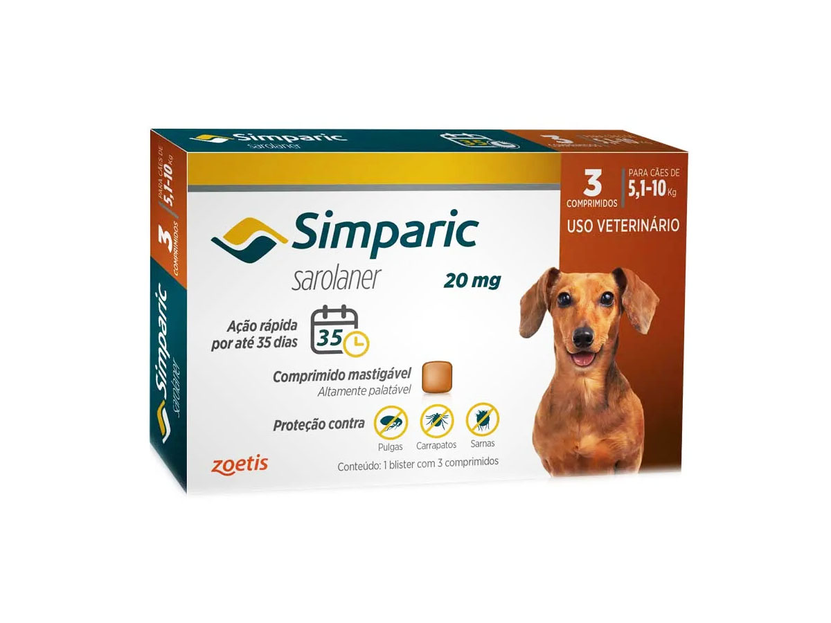 Antipulgas e Carrapatos Zoetis Simparic 20 mg para Cães 5,1 Kg a 10 Kg