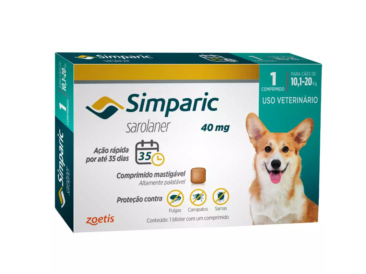 Antipulgas e Carrapatos Zoetis Simparic 40 mg para Cães 10,1 Kg a 20 Kg