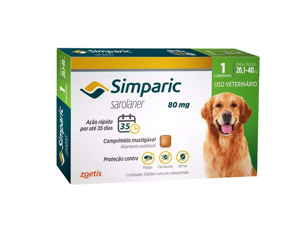 Antipulgas e Carrapatos Zoetis Simparic 80 mg para Cães 20,1 Kg a 40 Kg